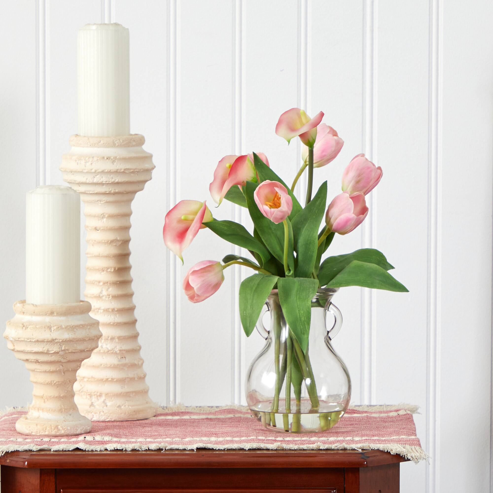 19" Calla Lily & Tulips Artificial Arrangement in Decorative Clear Vase